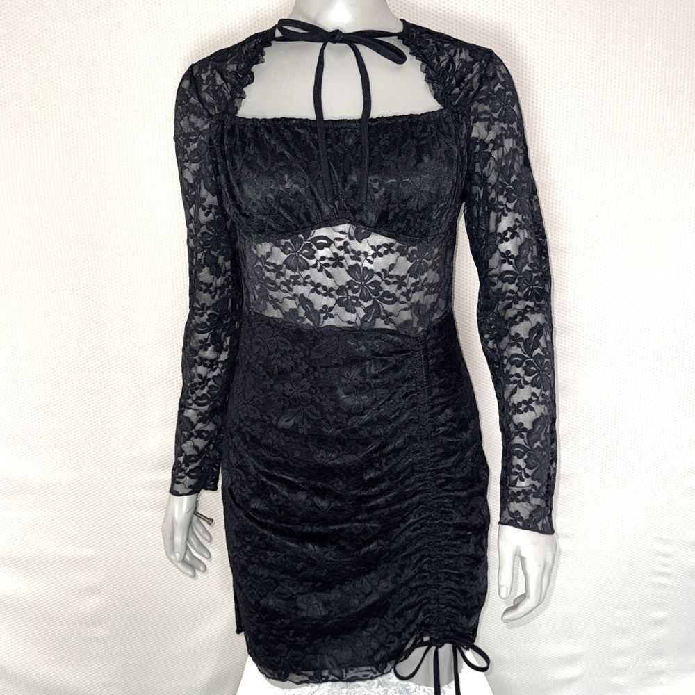 Black Floral Lace Ruched Mini Dress Long Sleeve Tie Neck Bodycon‎ Dark Coquette